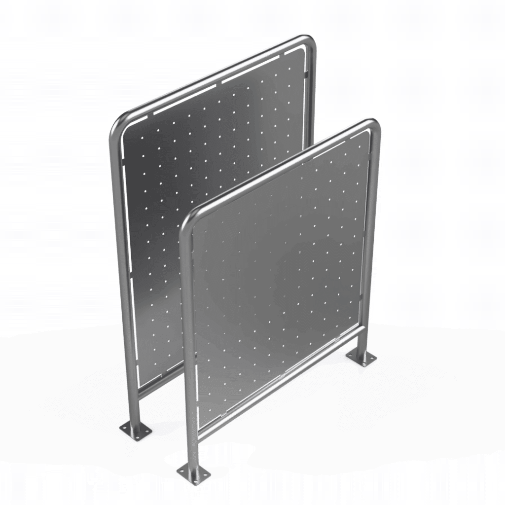 SCR Series modular stainless steel safety railing with splash screen for food processing and pharmaceutical manufacturing facilities. OSHA compliant, Hygienic and durable.